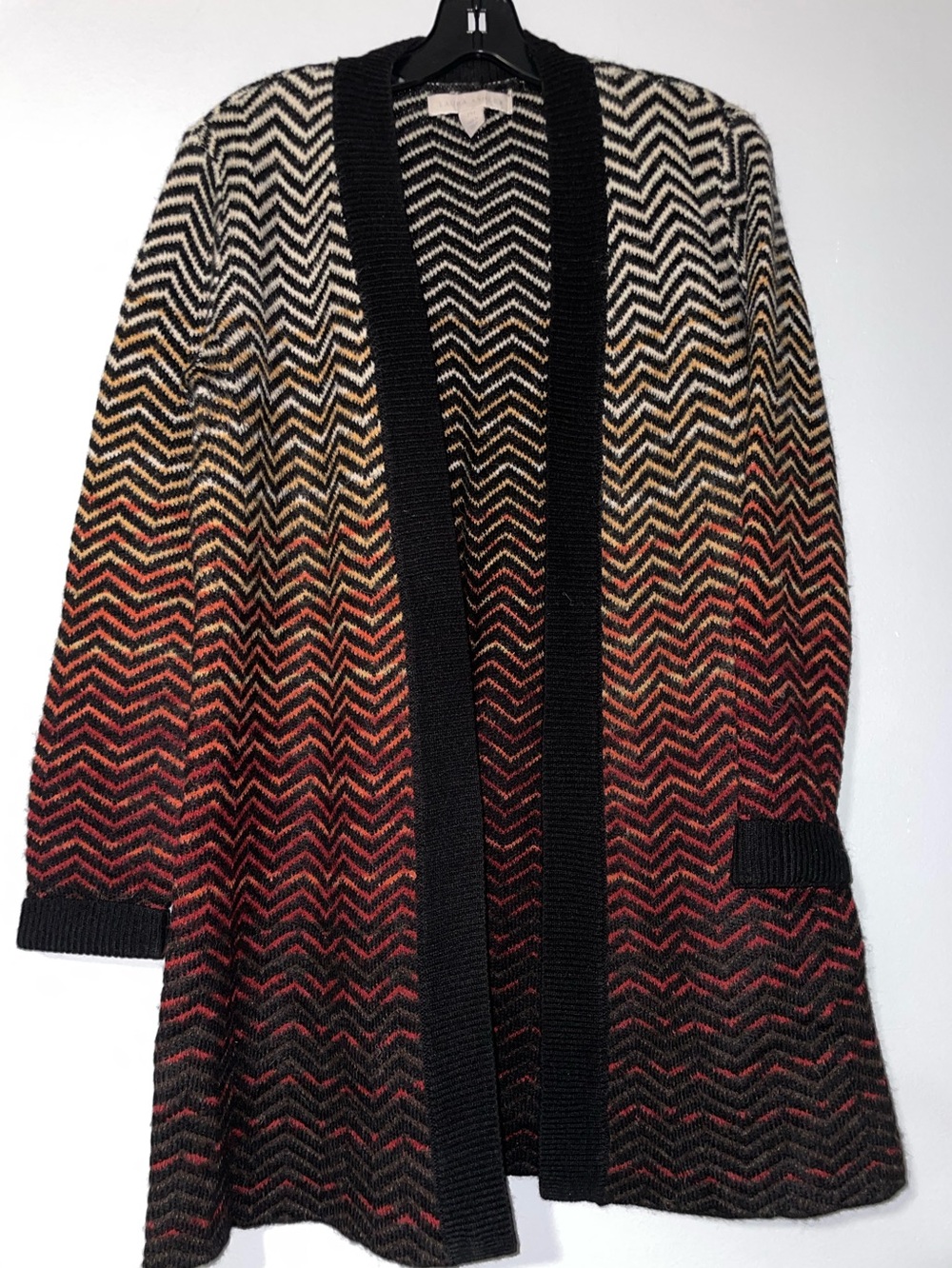 🐅Laura Ashley Open-Front Ombre Chevron Cardigan Sweater - Black, Cream & Rust